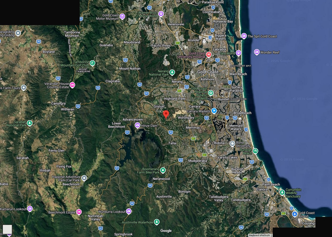 Satellite map of the Gold Coast hinterland and coast surrounding Heaven Above at 126 Evanita Drive, Gilston